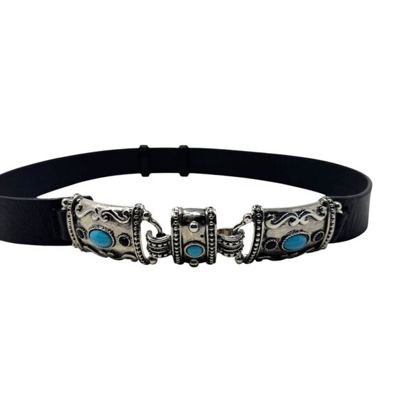 WCM New York Womens size Medium Black Statement belt turquoise cabochon Western - Picture 4 of 9